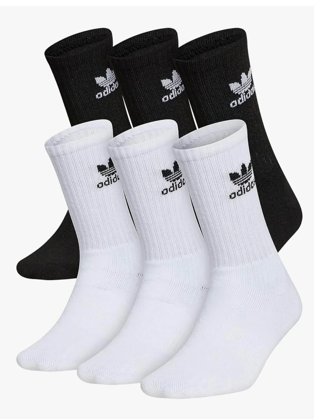 adidas Kids 6-Pack Crew Socks in Black & White - Large (5Y-7Y)